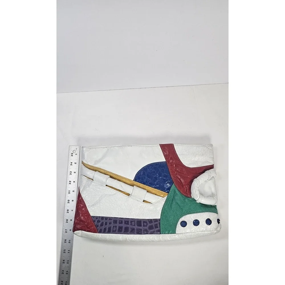 Vintage Colorblock Patchwork Clutch Purse White Croc Embossed 80s‎ 90s